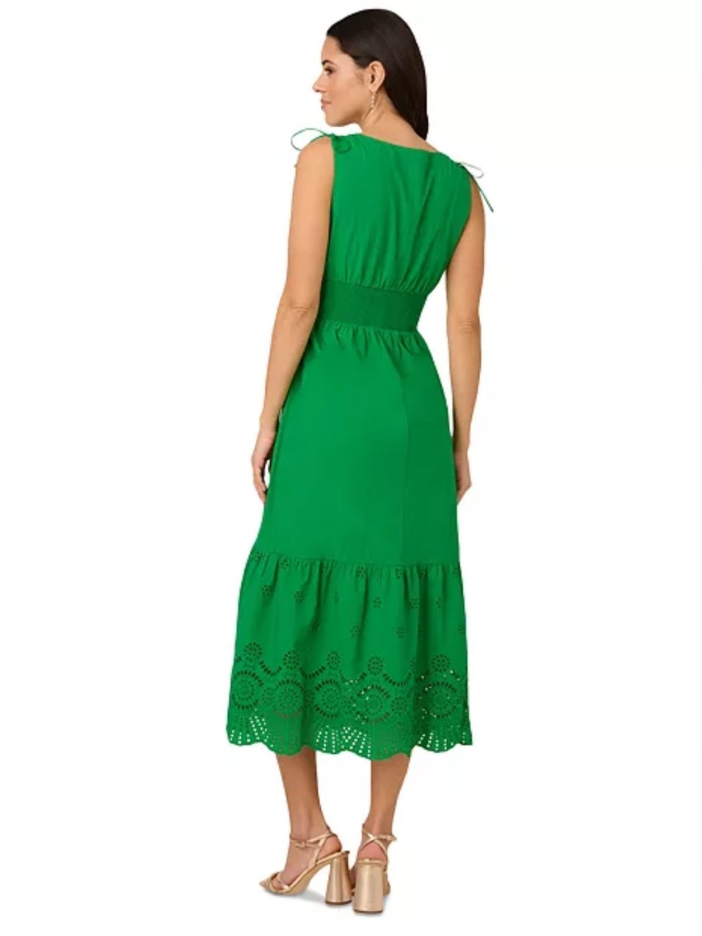 Adrianna Papell Smocked Waist Tie Sleeve Eyelet Cotton Sundress Kelly Green NWT - Picture 4 of 15